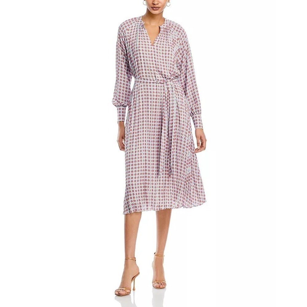 Tahari Womens Long Sleeve Split Neck Belted Pleated Dress Size S Printed Lined